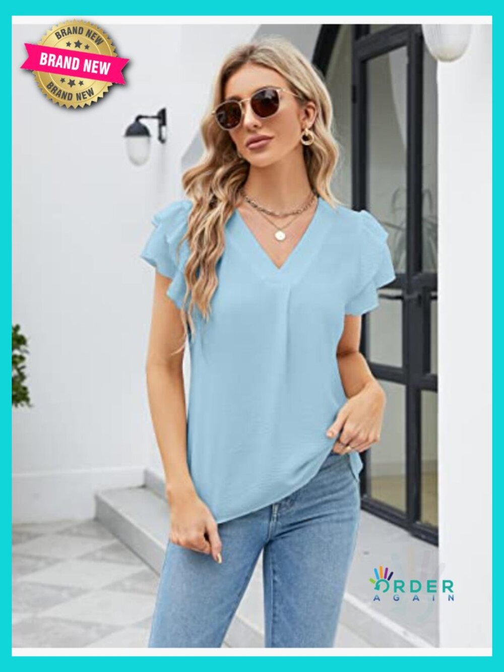 Flutter Sleeve V-Neck Blouse Lightweight Stretch Fabric Business Casual Tops - Picture 2 of 7